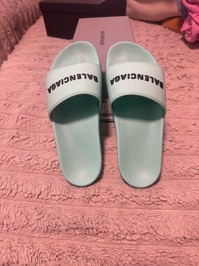 Balenciaga Mint Green Logo Slide Sandals